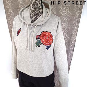 FOREVER 21 LS Embroidered Butterfly Rose Hoodie Short Sweatshirt M
